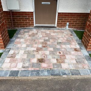 Patio slabbing and artificial lawn edging