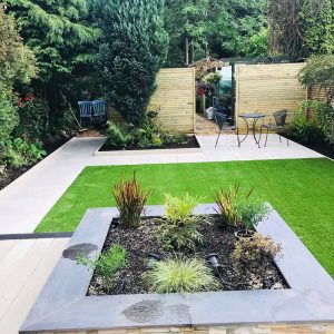 Landscaped garden with artificial grass