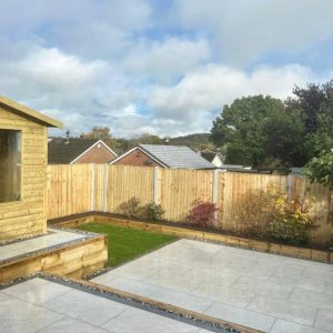 Artificial grass lawn and paved patio